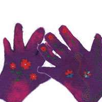 a pair of embroidered purple felt hands